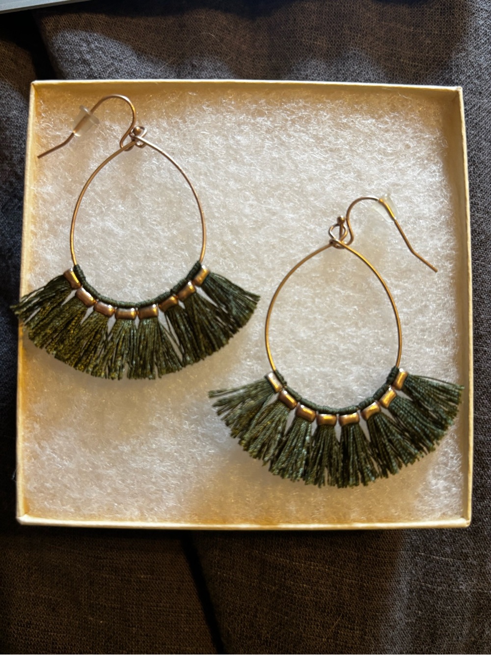 Gold Teardrop Hoop Earrings Olive Green Tassel Fringe Boho Statement Dangle